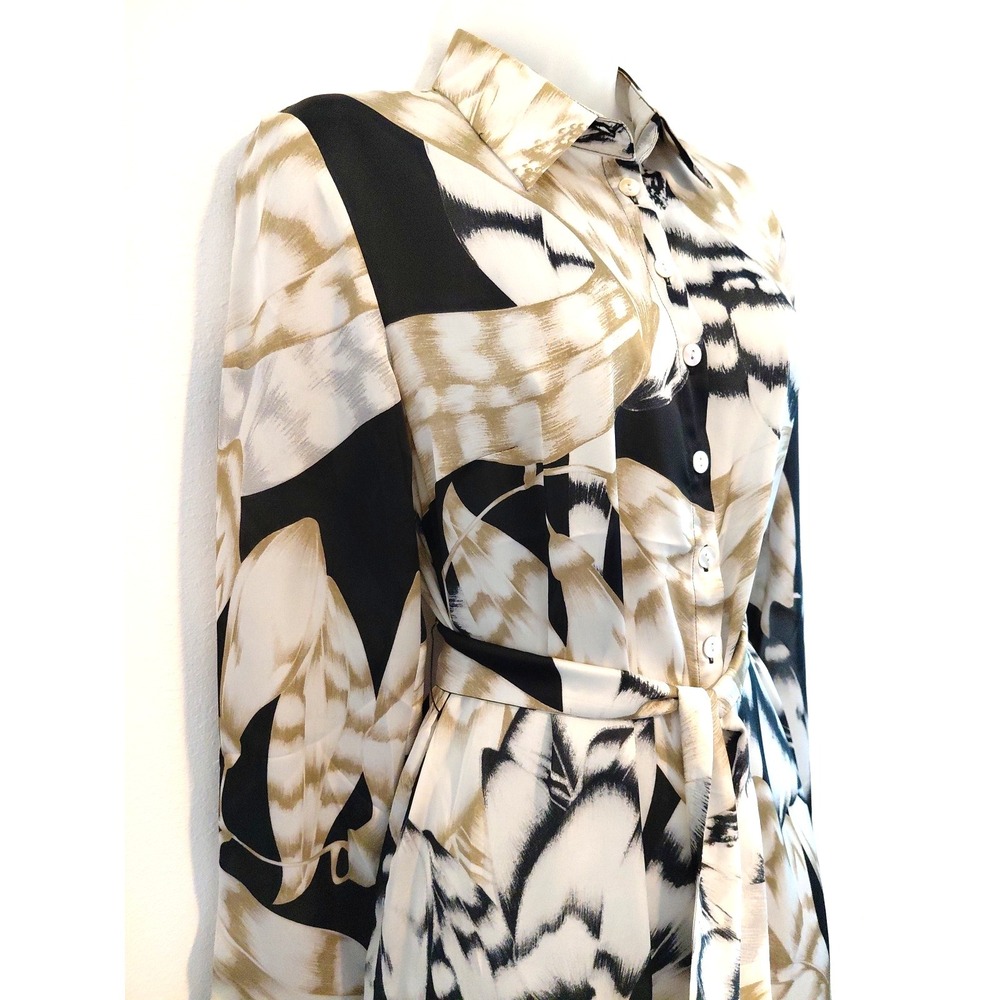 NWT Satin Tie Waist Shirt Dress MEDIUM Lightweight Olive Black Career Chic Sheer - Picture 3 of 10